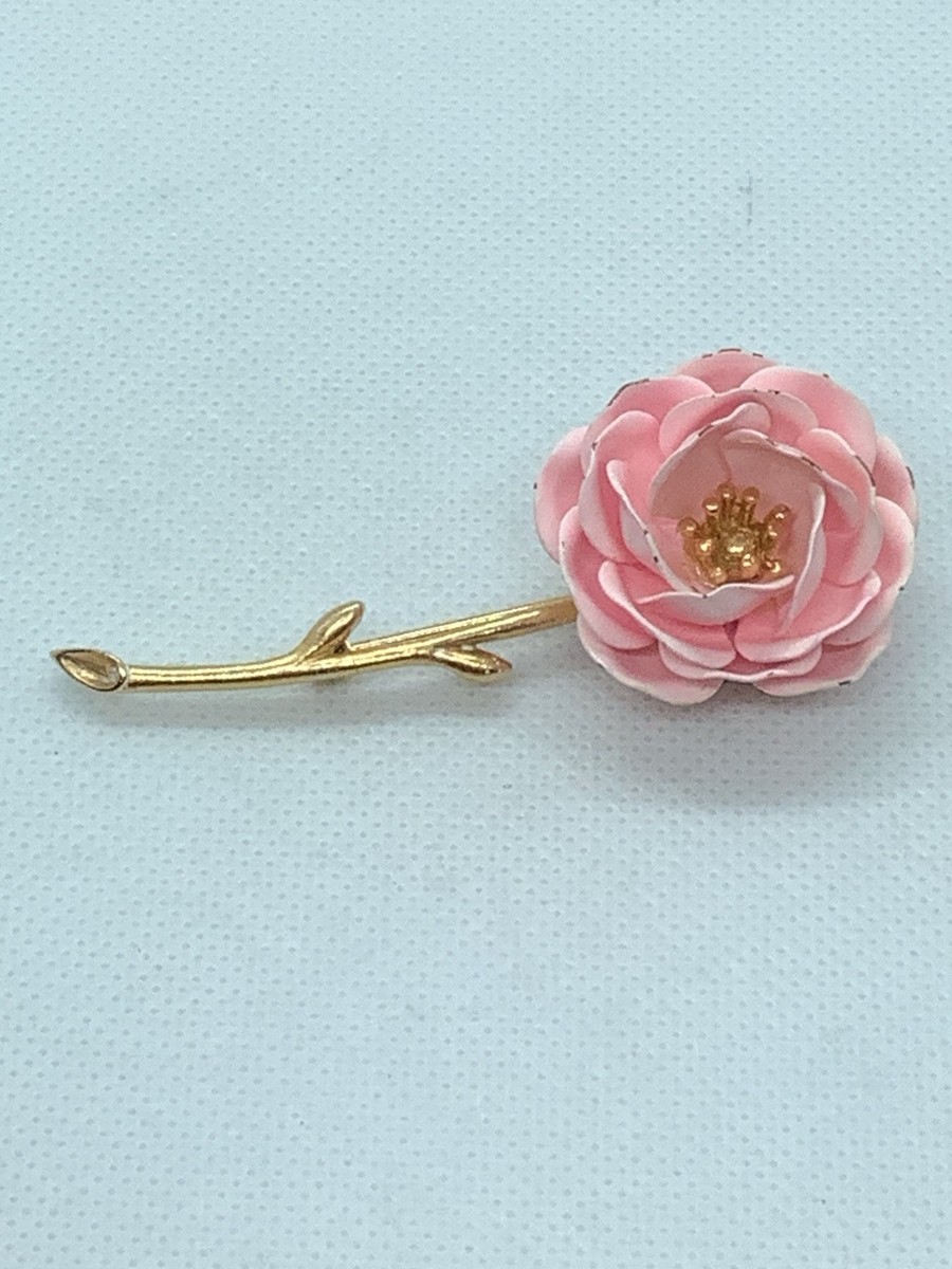 Vintage Crown Trifari Pink Enamel Wild Rose Flower Pin Brooch