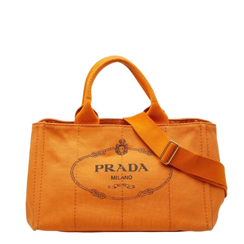 PRADA Triangle Logo Plate Canapa M Tote Bag Shoulder Bag 2WAY Orange Canvas Ladi