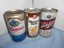 3 VINTAGE  BEER CANS HAMM`S - MEISTER BRAU & SCHLITZ 12 OUNCE POP TOP SET - W112