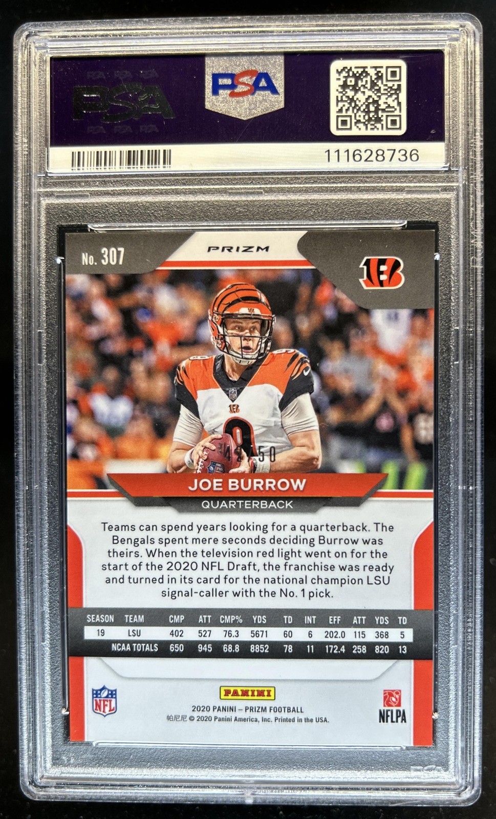 2020 Panini Prizm Joe Burrow No Huddle Red Rookie RC #/50 Bengals PSA 8 view 2