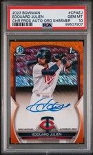 2023 Bowman /25 Chrome Orange shimmer Refractor Edouard Julien PSA 10 Auto  pop3