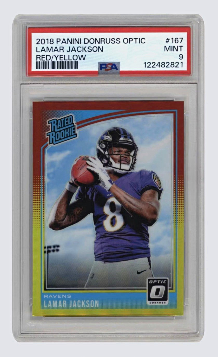2018 Panini Donruss Optic Lamar Jackson Rated Rookie #167 Red Yellow Prizm PSA 9