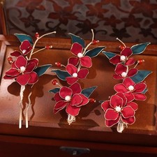 Handmade Red Flower Hair Clip Pair Set Bridal Hair Accessory Costume Set