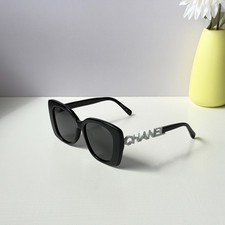 CHANEL CH5422B Women  s Square Sunglasses Black White Strass Grey Lens