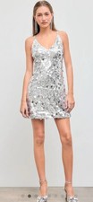 Cider SEQUINS U-NECKLINE CRISS CROSS MINI DRESS Silver NWT disco party holiday