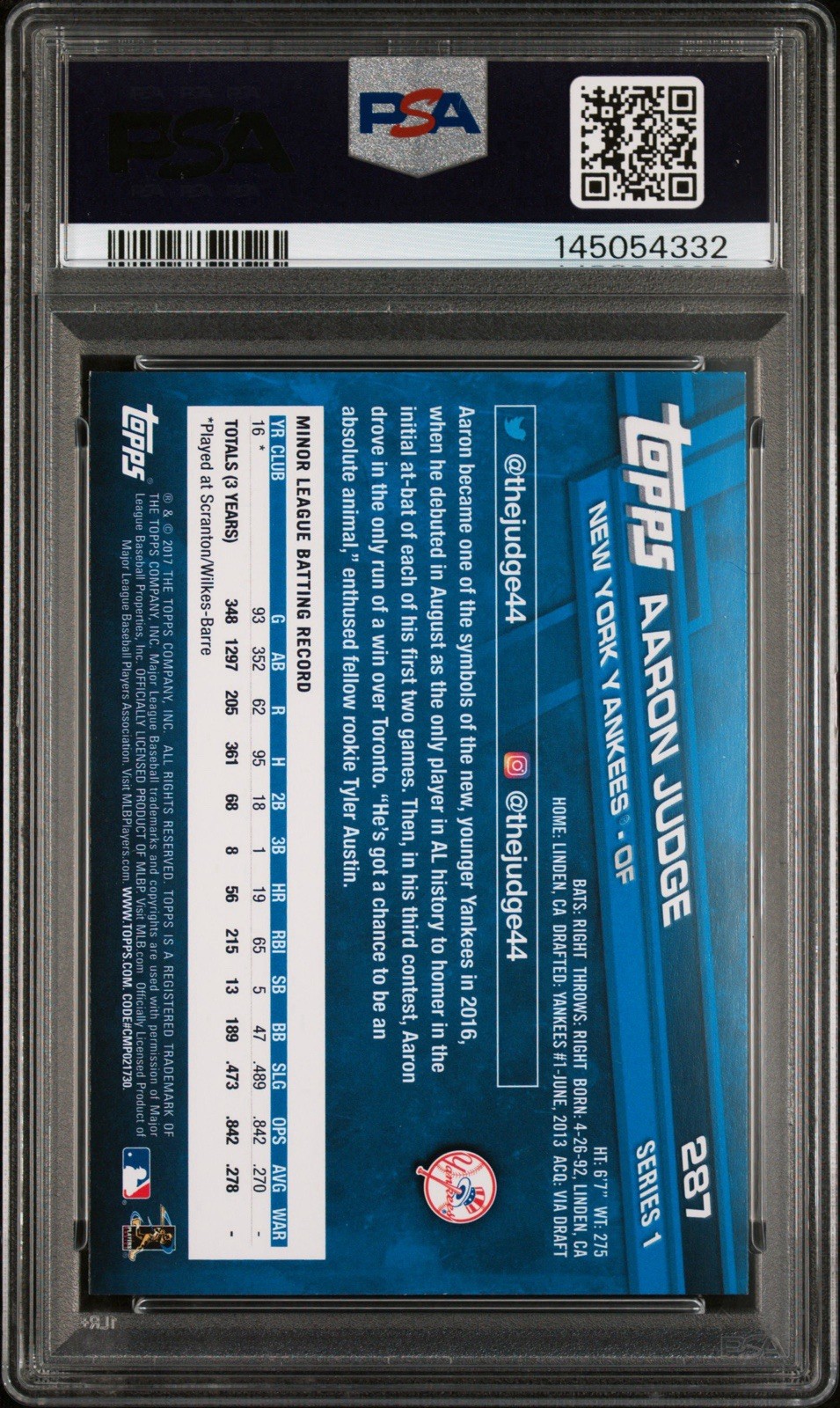 2017 Topps #287 RC Aaron Judge PSA 9 view 2