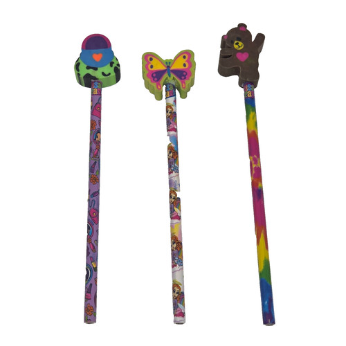 LOT OF 3 LISA FRANK PENCILS W ERASER TOPPERS LEOPARD PURSE BUTTERFLY TEDDY BEAR