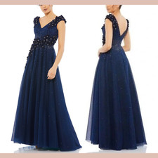 NWT $798 Mac Duggal [ 18 ] 11152 Floral Applique A Line Evening Gown Blue J1592