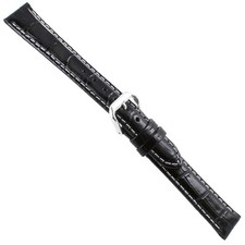 16mm deBeer Crocodile Grain Black Contrast Stitching Padded Mens Watch Band Reg