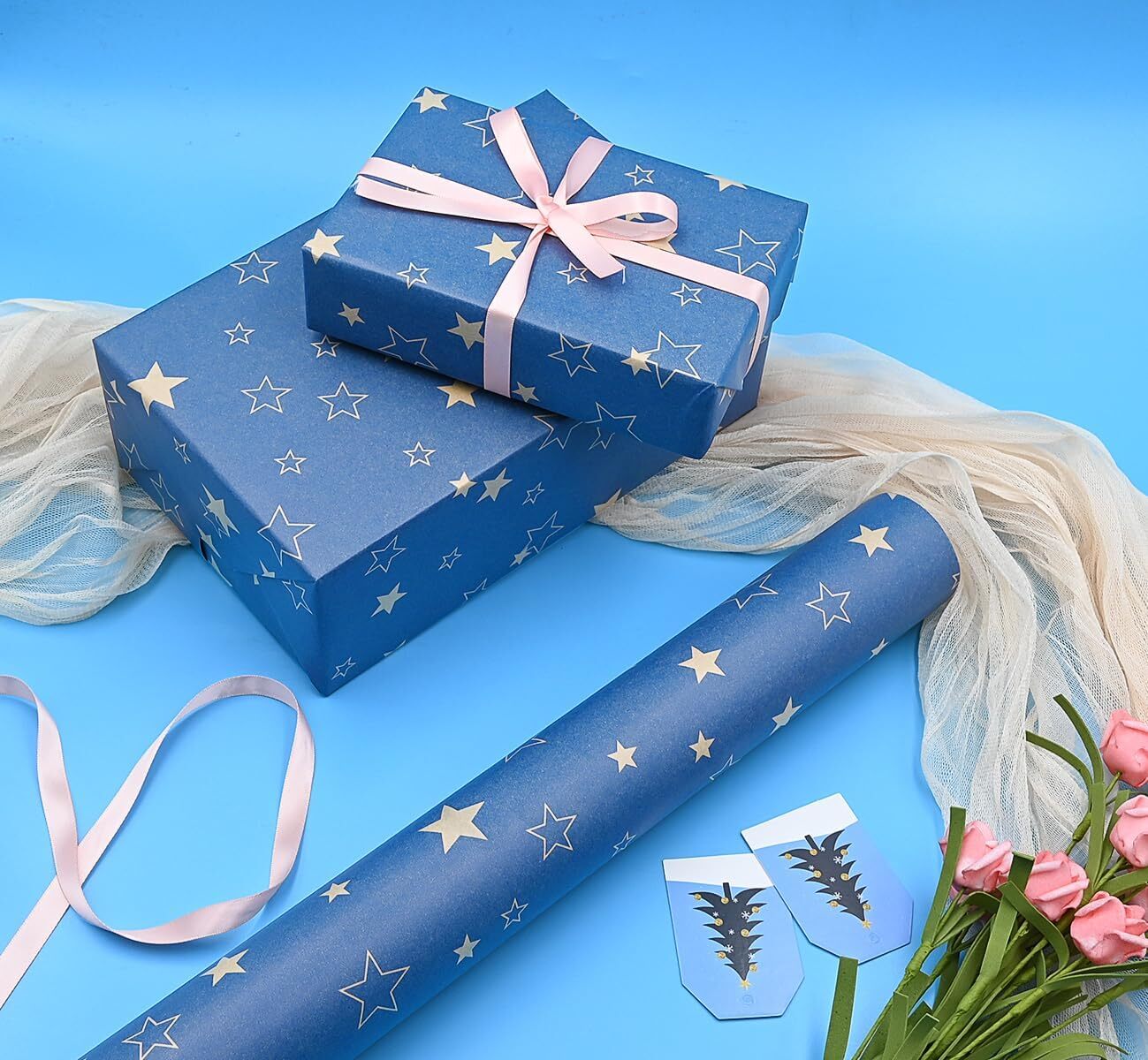 OTMVicor Blue Kraft Wrapping Paper Roll，43cm*15m Recycle Star Wrapping