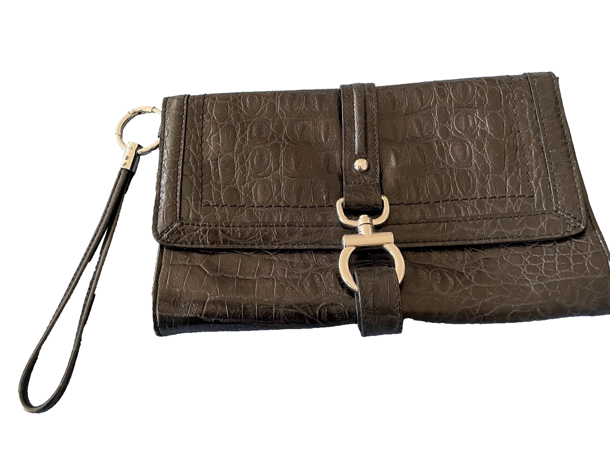 Talbots Clutch Wristlet Black Leather Python Embossed Silver Ring