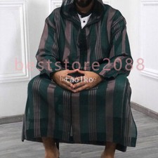 Men's Muslim Clothing Long Sleeve Islamic Hooded Saudi Arab Kaftan Robe Striped