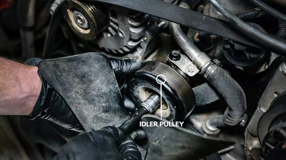 A mechanic removes the idler pulley belt with a socket wrench.