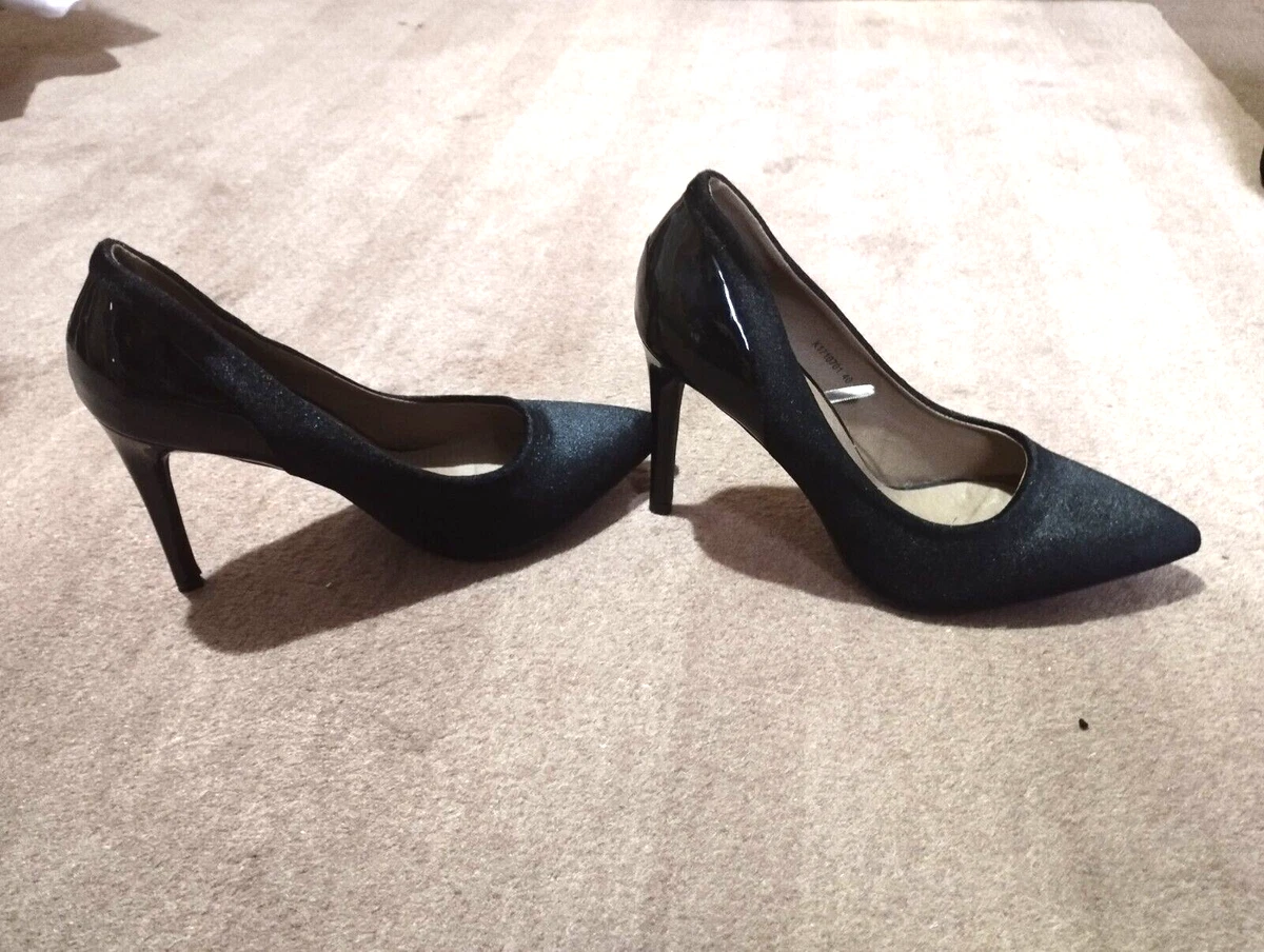 KYLIE CRAZY SHOES BLACK VELVET PATENT HIGH STILETTO HEEL SHOES SIZE 40