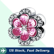 KUNSIR 925 Sterling Silver Charm for Bracelet or Necklace Pink Flower Charm Bead
