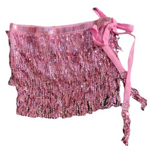 Pink Sparkly Rainbow Fringe Sheer Hafla Boho Sequin Belly Dance Tie Hip Skirt
