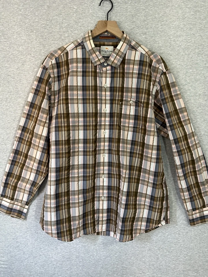 Camisa Tommy Bahama Para Hombres Extra Grande Azul Marrón Tartán Cuadros Informal Seersucker XL Foto 2 de 4