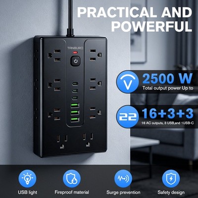 16 Outlets Power Strip USB C Type C Charger Surge Protector Flat Plug 6.5ft