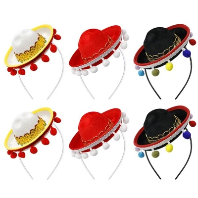 Set von 6 Cinco de Mayo Stroh Sombrero Stirnband Stoff Partyhüte mit Ball Fra... - Bild 1 von 4