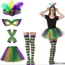 Mardi Gras Costume Set Feather Headband Mask Tutu Skirt Striped Socks