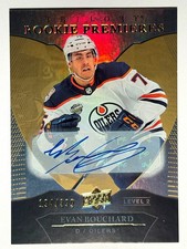 2018-19 UD Trilogy Rookie Premieres Auto EVAN BOUCHARD 194/399 Oilers Card# 92. rookie card picture