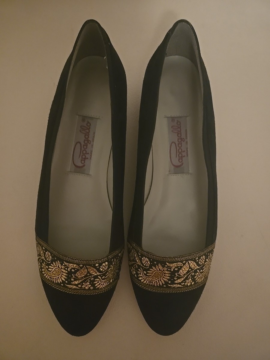 Pappagallo Vintage Black Suede Gold Embroidery Women's Flats Size