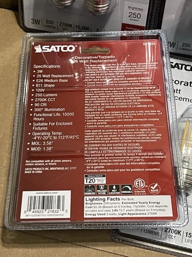 Satco S21832 LED Torpedo Led Light Bulb 3W=25W B11  E26 Clear ( 2-4 Packs ) New - Picture 4 of 4