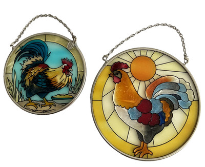 Vtg Round Amia Stained Glass Hanging Rooster Suncatcher Window Decor Lot of 2 B9