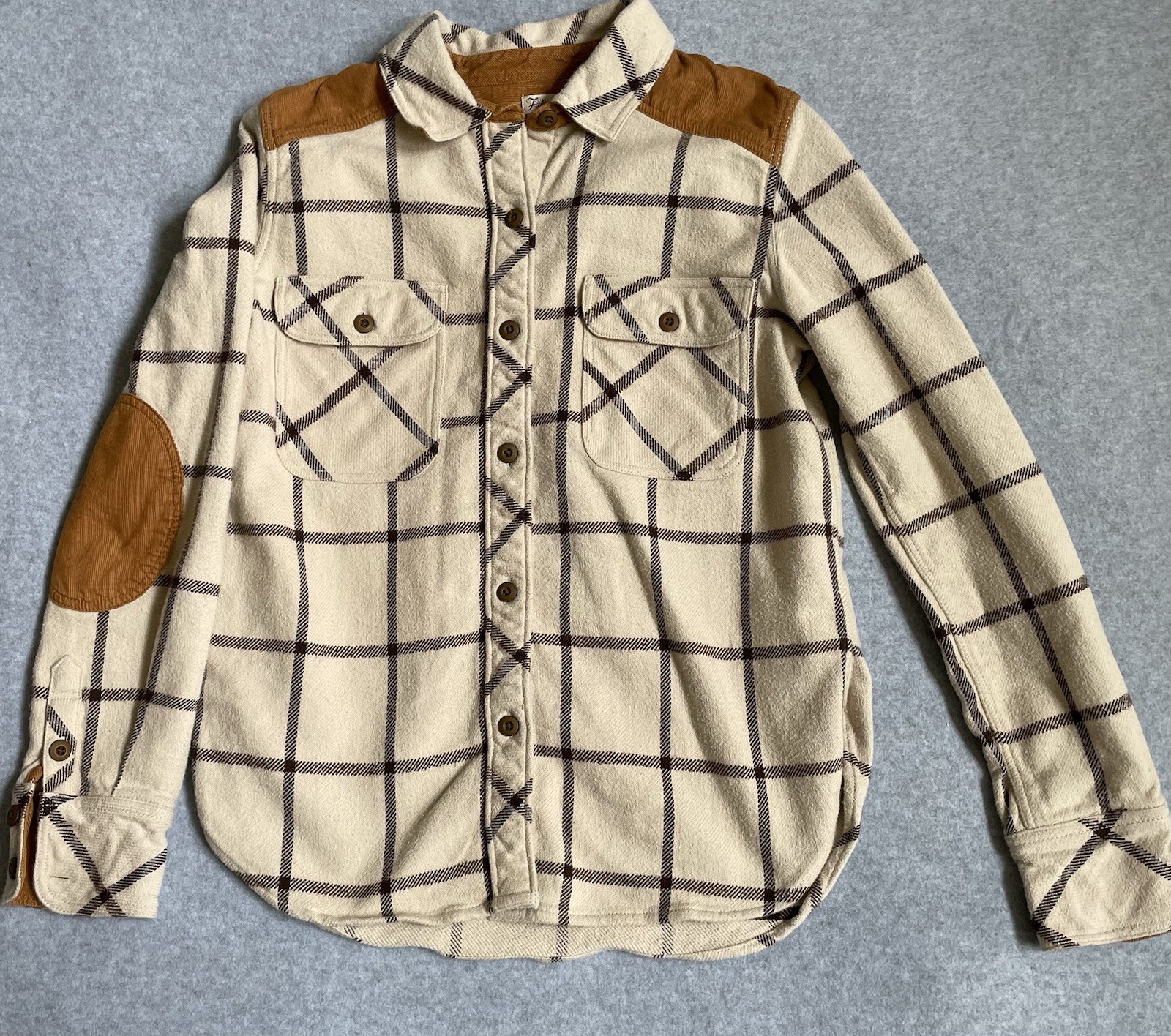 Faherty Daly Cream Olivia Plaid Shirt Sz S Corduroy Collar Cuffs Elbow Patches