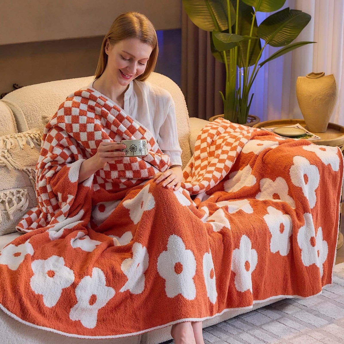 Checkered Throw Blanket Orange Flower Soft Plaid Knit Decor 50x60