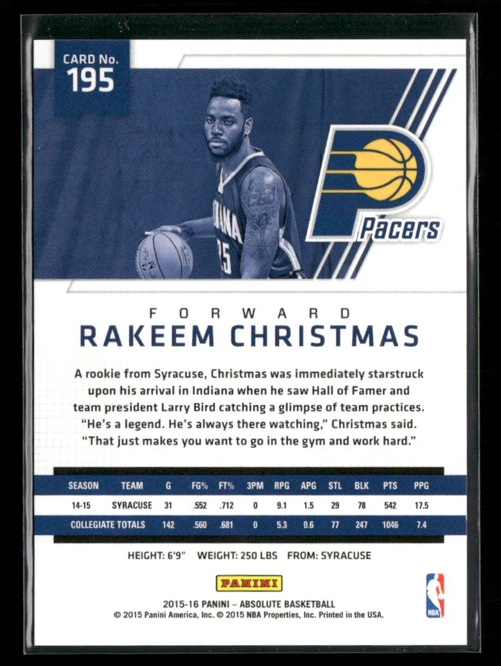 2015-16 Panini Absolute #195 Rakeem Christmas #/999 RC - Image 2 of 2