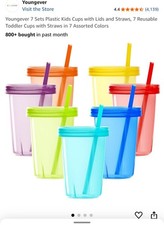 Young Ever Plastic Kids Cups w/ Straws. 7 Cups. Assorted Colors. NEW 