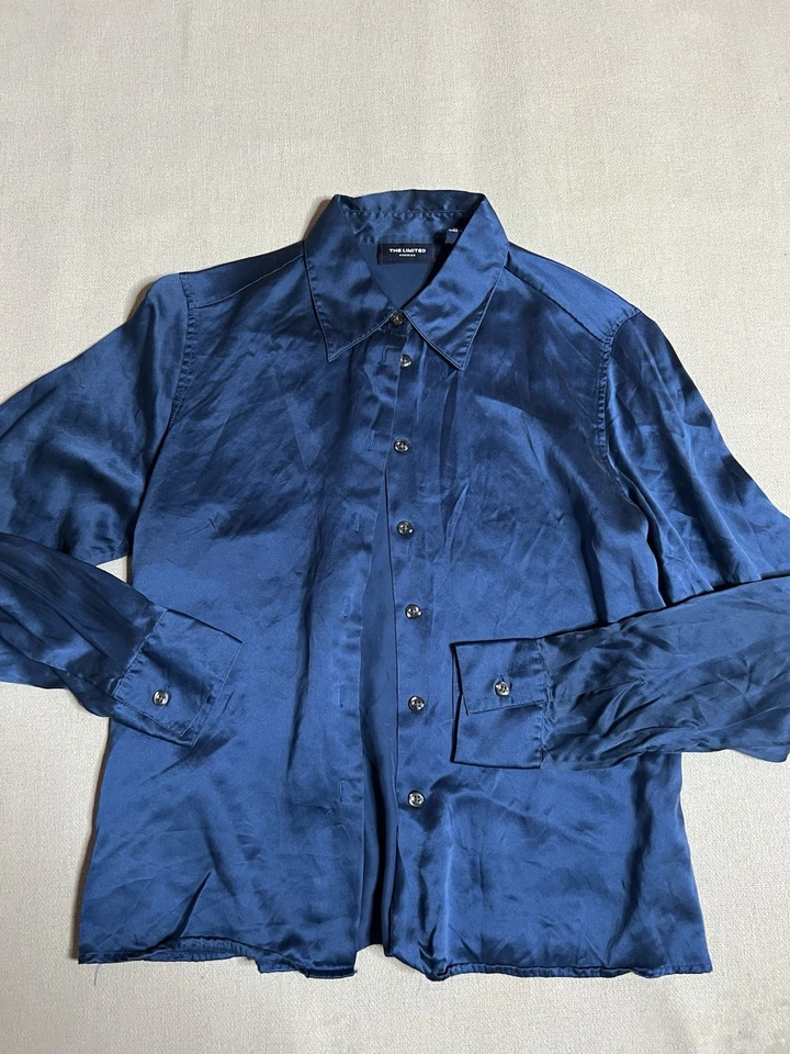 Blusa para mujer The Limited America azul 100 % seda con botones. Talla pequeña Foto 2 de 4