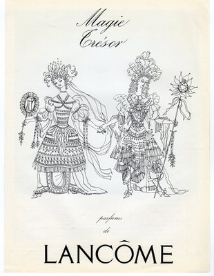 1956 Lancôme Magie Trésor Parfums French Fashion Illustration Ornate Costume Art