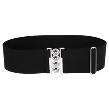 Wide Elastic Waist Belt with Round Metal Buckle, Black, 29.5" to 41.5"