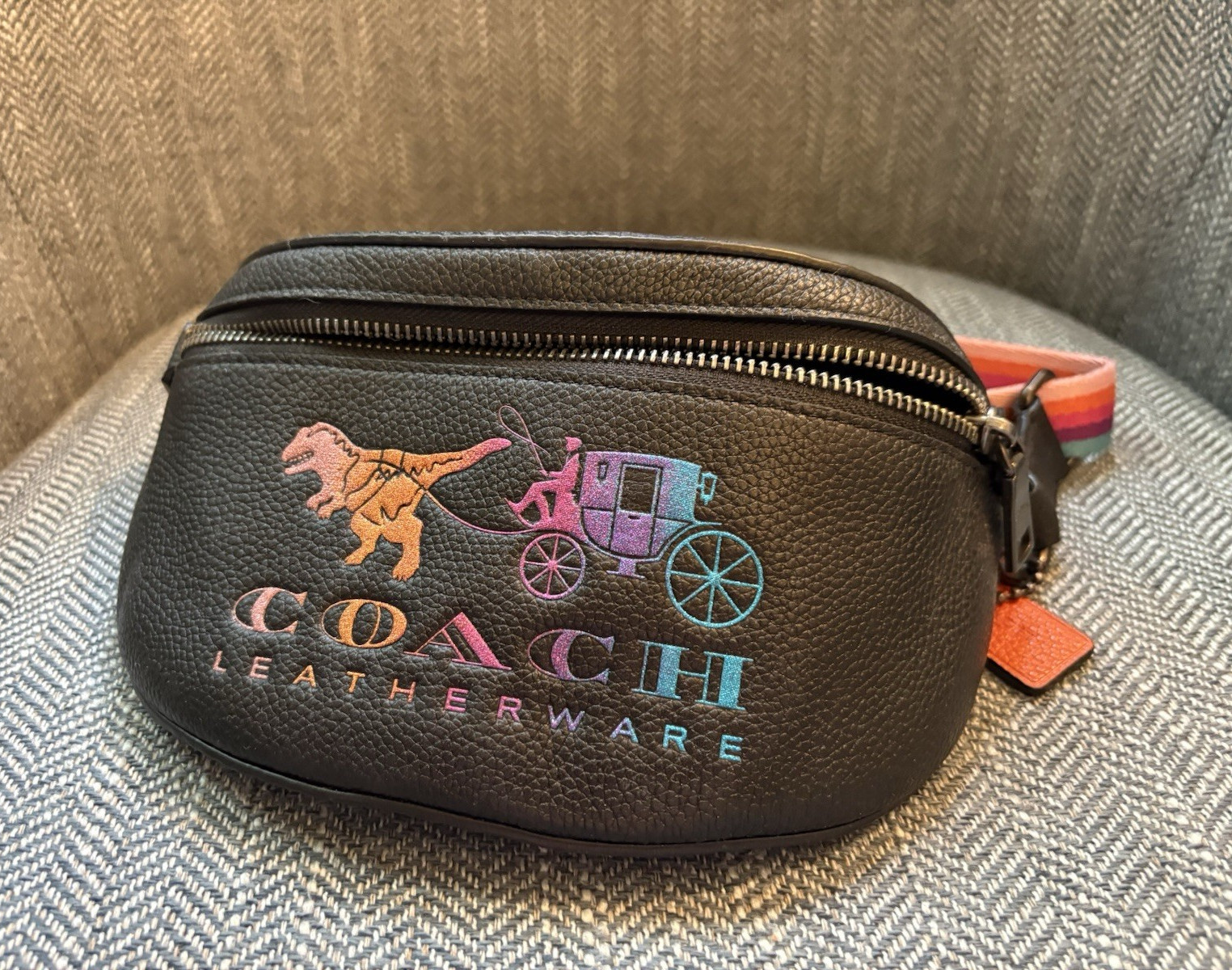 Coach Belt Bag w/ Rexy and Carriage, Black w/ Rainbow Strap New w/o Tags