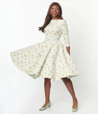 Unique Vintage Green & Peach Fruit Picnic Gingham Devon Swing Dress XL