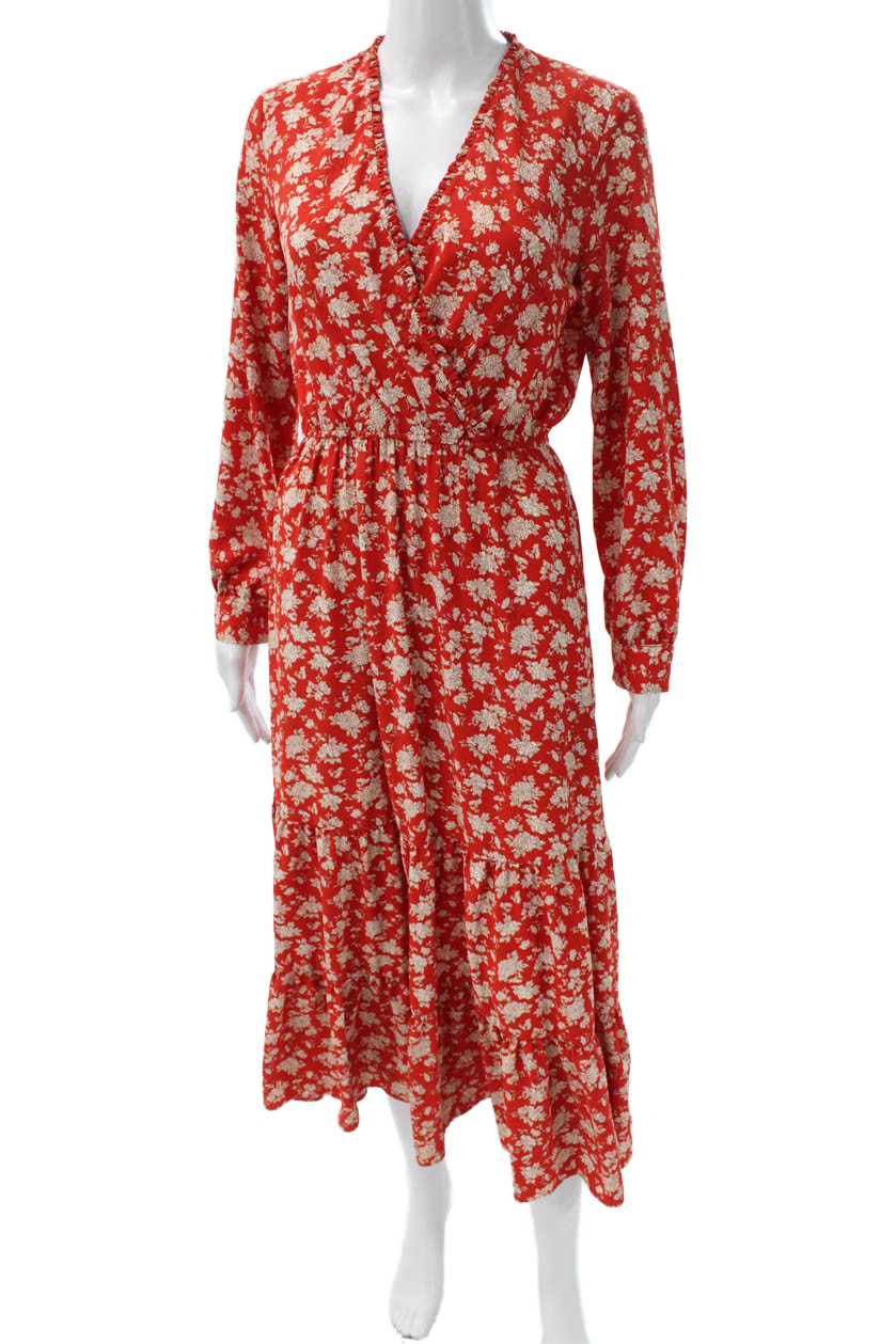 Zara Women Fit & Flare Red Floral V-Neck Long Sleeve Maxi Dress Size XSFree Shipping in US $100+ Orders | $6.95 Orders Below