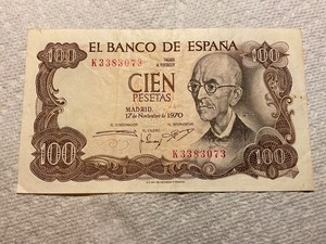 vintage banknote EL Banco De Espana 100 cein pestas 1970 year