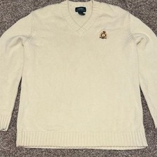 Ralph Lauren Polo Crest Cotton Knit Sweater Vintage 90s L Cream Logo Pullover