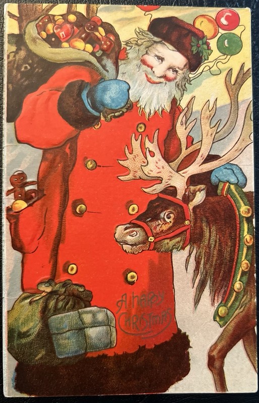 Charming German Santa Claus Antique Postcard Reindeer Toys Balloons Embossed
