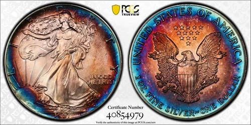 1987 AMERICAN SILVER EAGLE PCGS GOLD SHIELD MS67 MONSTER TONED RARE COIN #448-3