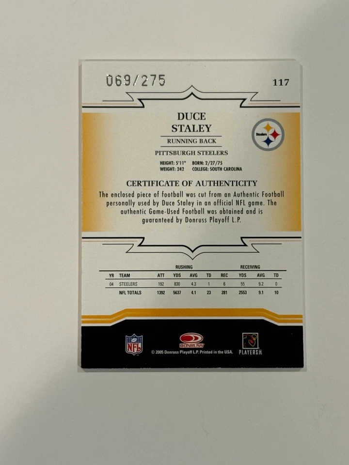 2005 Donruss Throwback Threads #117 Duce Staley Game Used Football /275 Steelers - Image 2 of 3