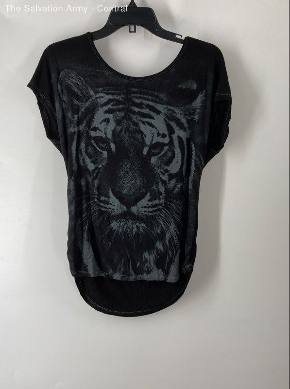 Skinny Minnie Women's Black Gray Tiger Face Graphic High Low Top Shirt Sz S