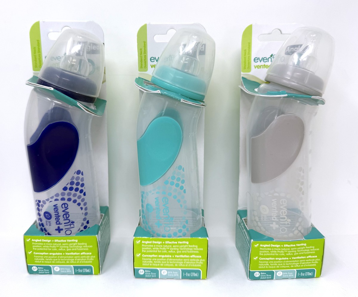 Evenflo 9 oz Bottle - 0+ Months Slow Flow Vented Angled BPA Free Blue Teal  Gray