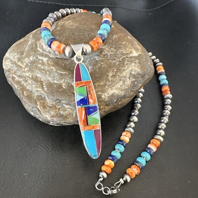 Spiny Oyster Turquoise Pendant Sterling Silver Beads Necklace 21'' 16925