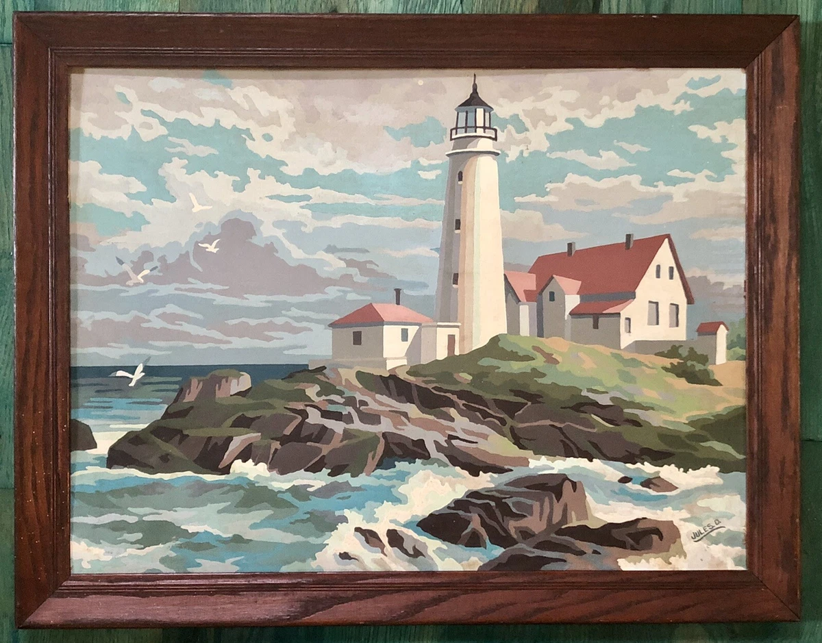 Vintage Paint by Number Lighthouse Coastal Seaside Painting Framed Large 27  x 21