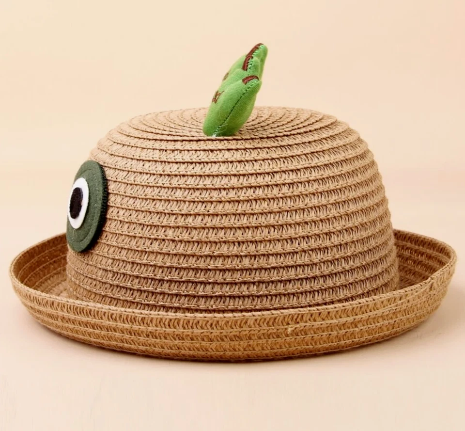 Chapéu de palha fofo feito à mão com tema de sapo para crianças - divertido chapéu de sol balde de desenho animado com olhos - Imagem 2 de 4