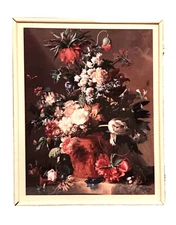 Vintage Still Life Floral Print Wood Frame Under Glass Art Decor