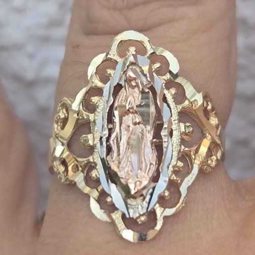 Wide Big solid 14k Gold virgin Mary guadalupe Hesrts Ring Size 6.5 7 8 9 10 - Picture 5 of 14